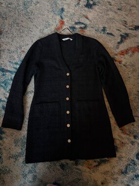 Zara Black Long Sleeve Mini Dress Cardigan with Gold Buttons